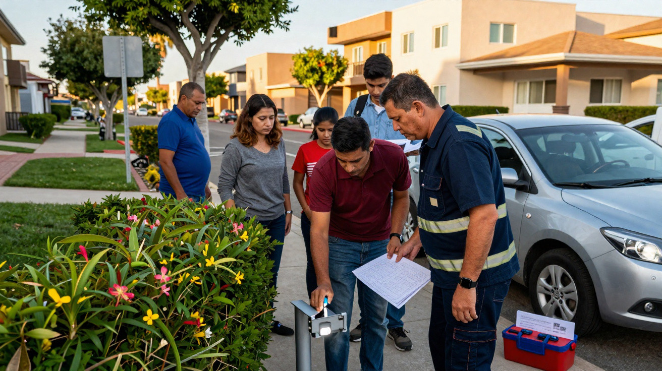 Five people gathered on a residential street examining equipment beside a parked silver car and bushes.