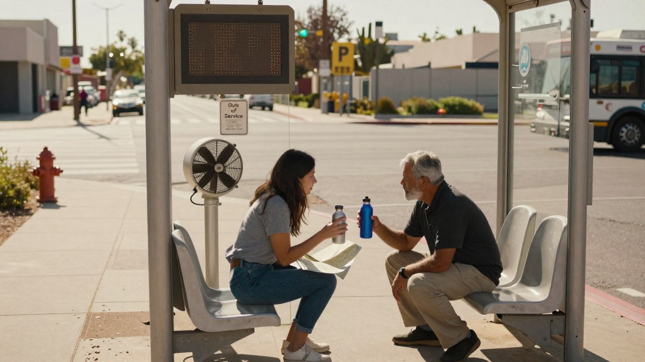 Two people sitting at a bus stop sharing a drink and conversation on a sunny day.