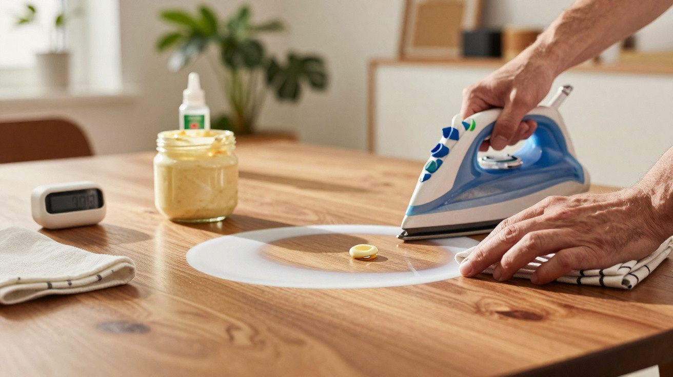 Hands using a steam iron on a wooden table with a cloth, button, timer, glue, and cream jar nearby.