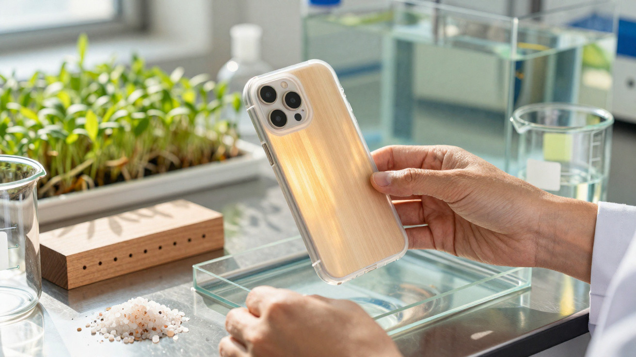 Person holding a smartphone with a wooden case in a laboratory setting with plants and water samples nearby.
