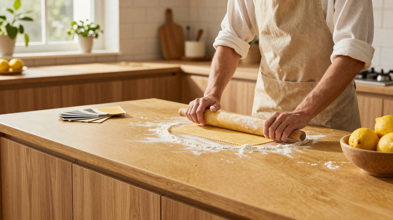 Person rolling out dough with a rolling pin on a floured wooden kitchen countertop near window light.