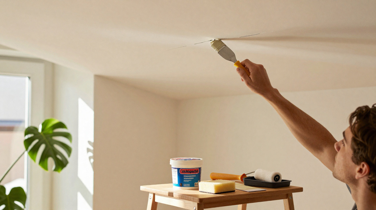 Man repairing a ceiling crack with filler and a paint scraper in a bright room with painting tools nearby.