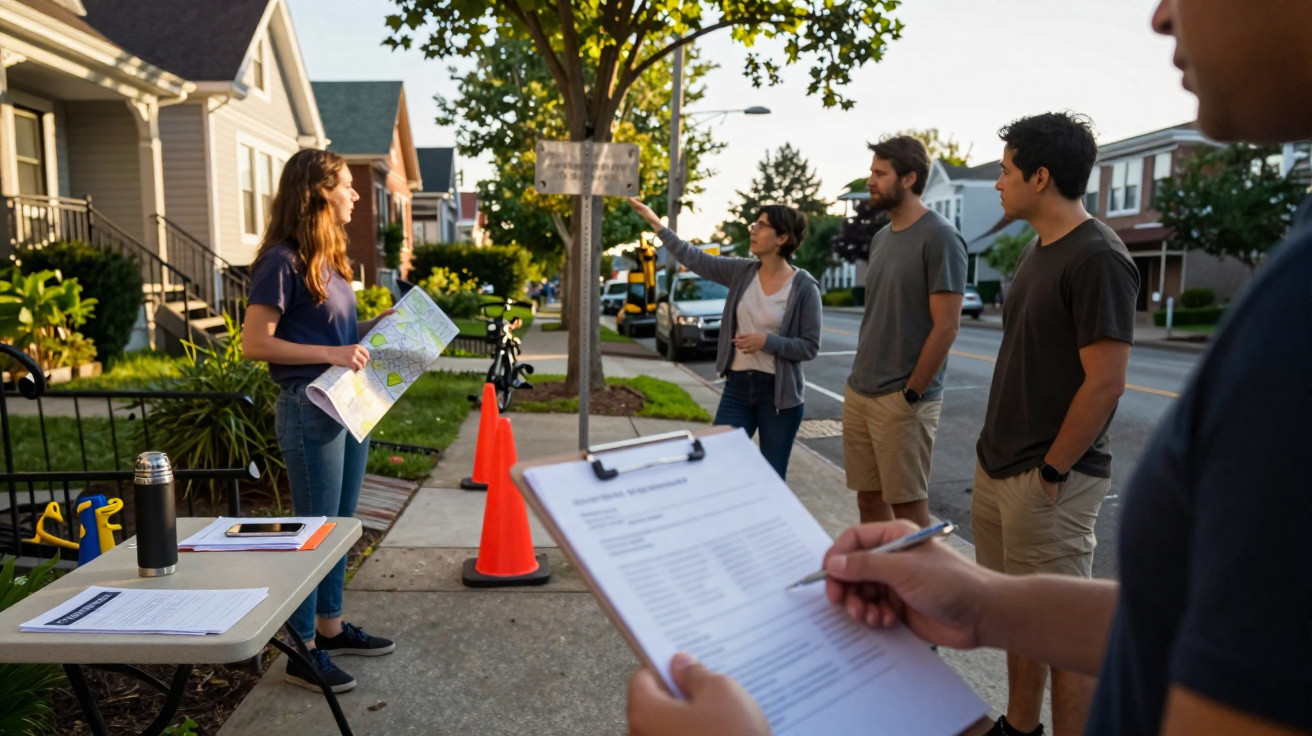 A group of people on a suburban street, one holding a clipboard, another reading a map, discussing near orange traffic cones.