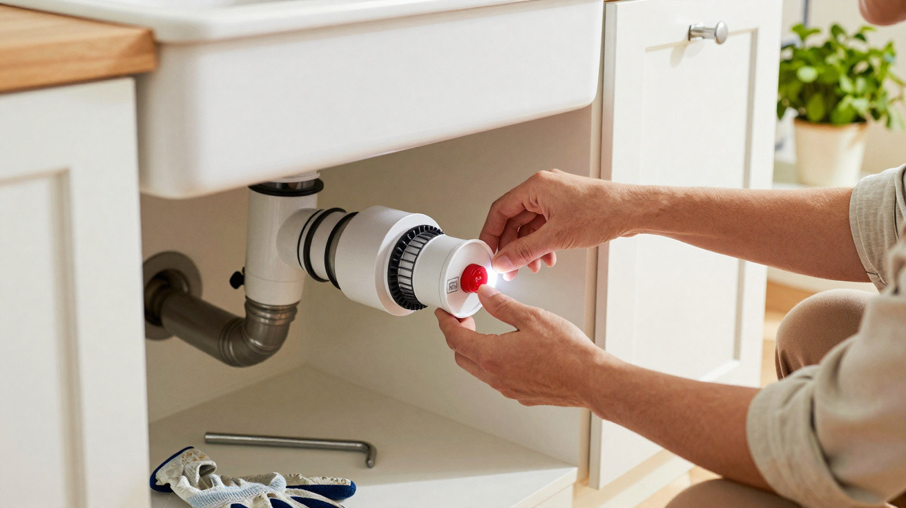 Person installing or adjusting a white plastic plumbing trap under a kitchen sink with tools nearby.