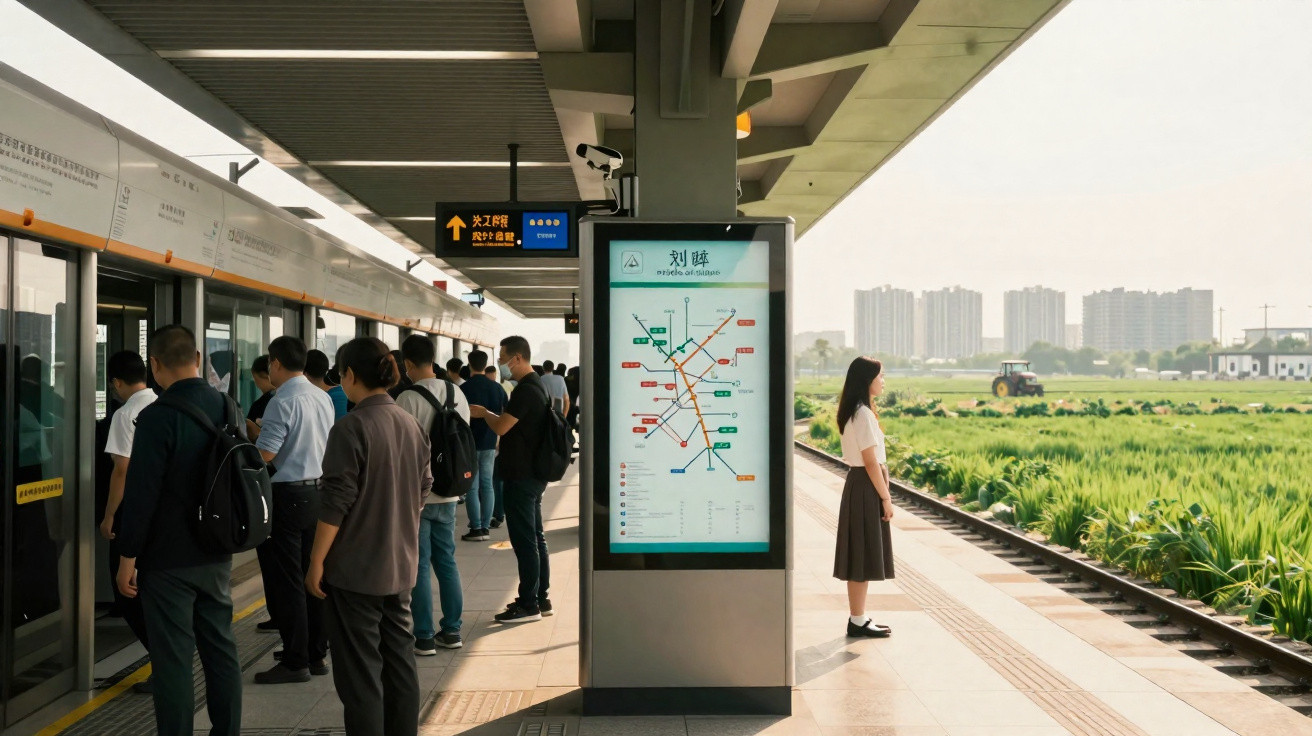 People waiting and boarding a train at a modern outdoor metro station with a map display and city skyline in the background.