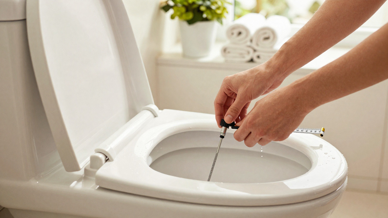 Hands using a tool to unclog or clean inside a white toilet bowl in a bright bathroom.
