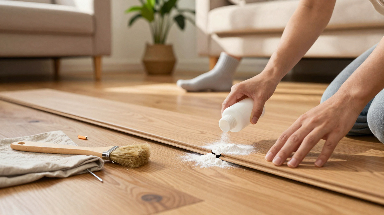 Person pouring white powder into a gap between wooden floorboards during home repair.