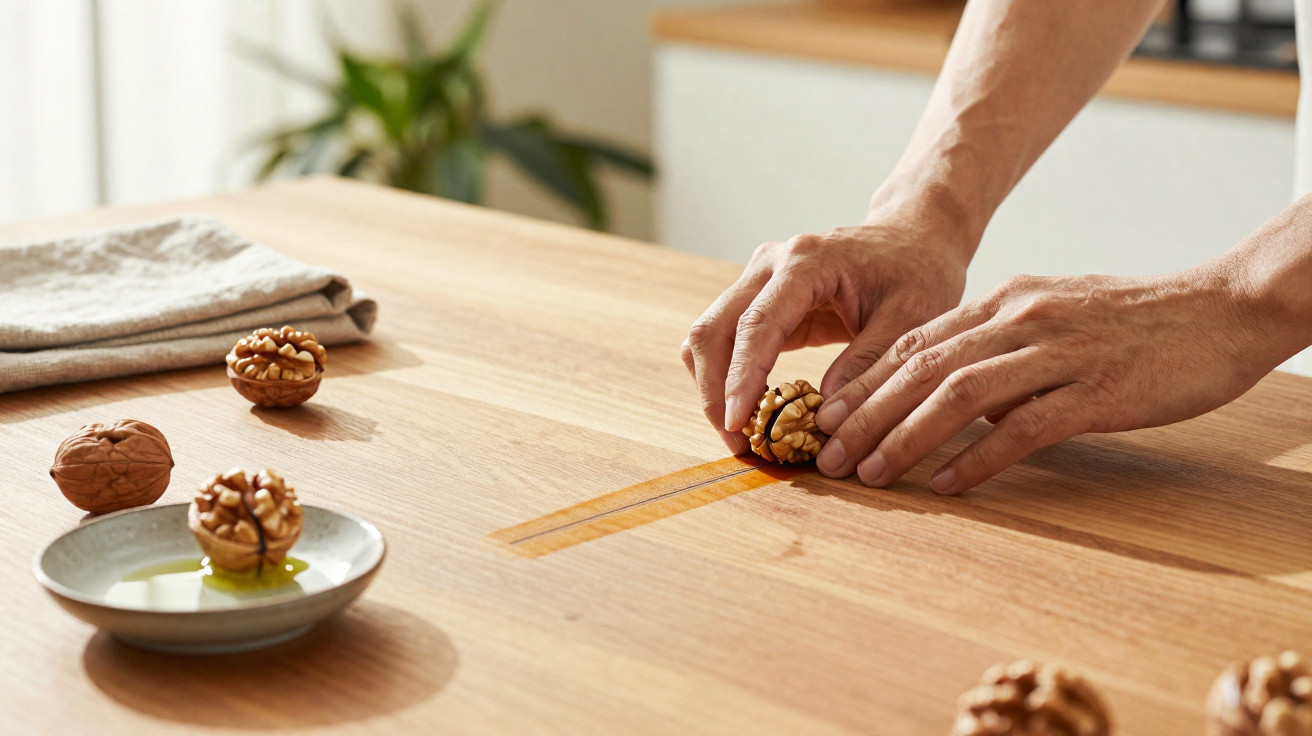 Hands rolling a walnut half in olive oil on a wooden table with more walnuts and a cloth nearby.
