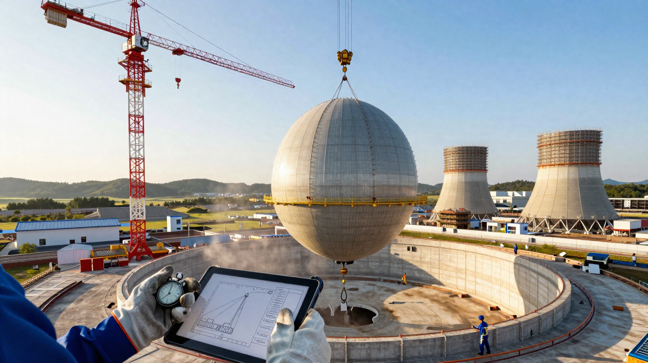 Engineer holding tablet overseeing giant spherical reactor vessel lifted by crane at a nuclear power plant construction site.