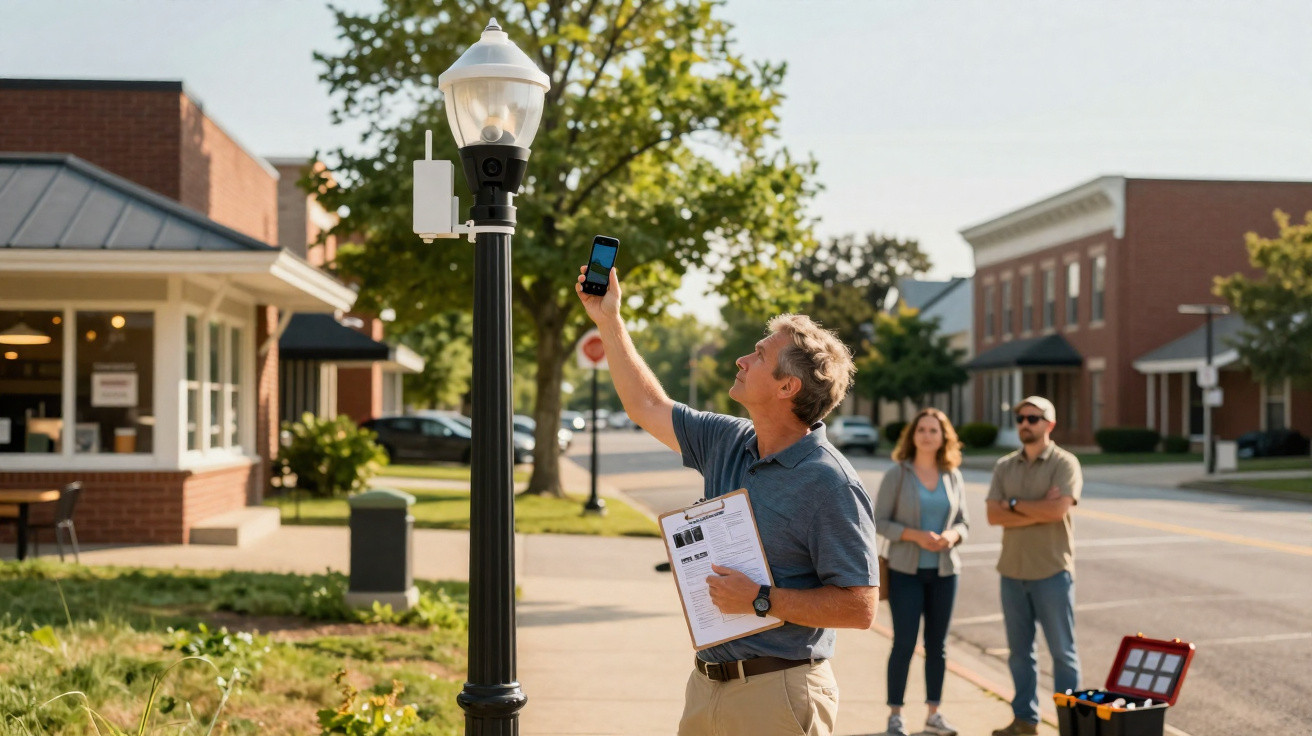 Man holding phone up to streetlamp for maintenance check with two observers and toolbox nearby on sunny day