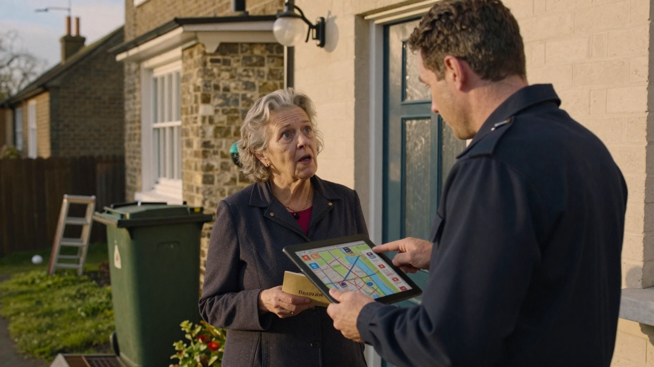 Older woman speaking to a man in uniform holding a digital tablet outside a house in a residential area.