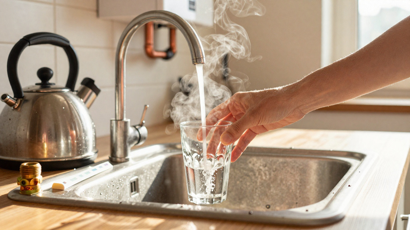 Hand filling a glass with steaming hot water from a kitchen tap next to a metal kettle.