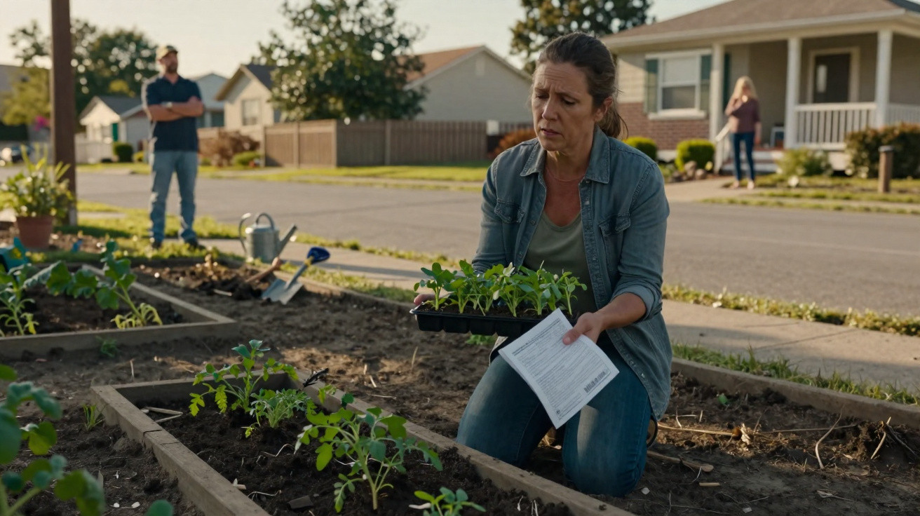 Woman kneeling in a garden bed holding seedlings and instructions, with two people and houses in the background.