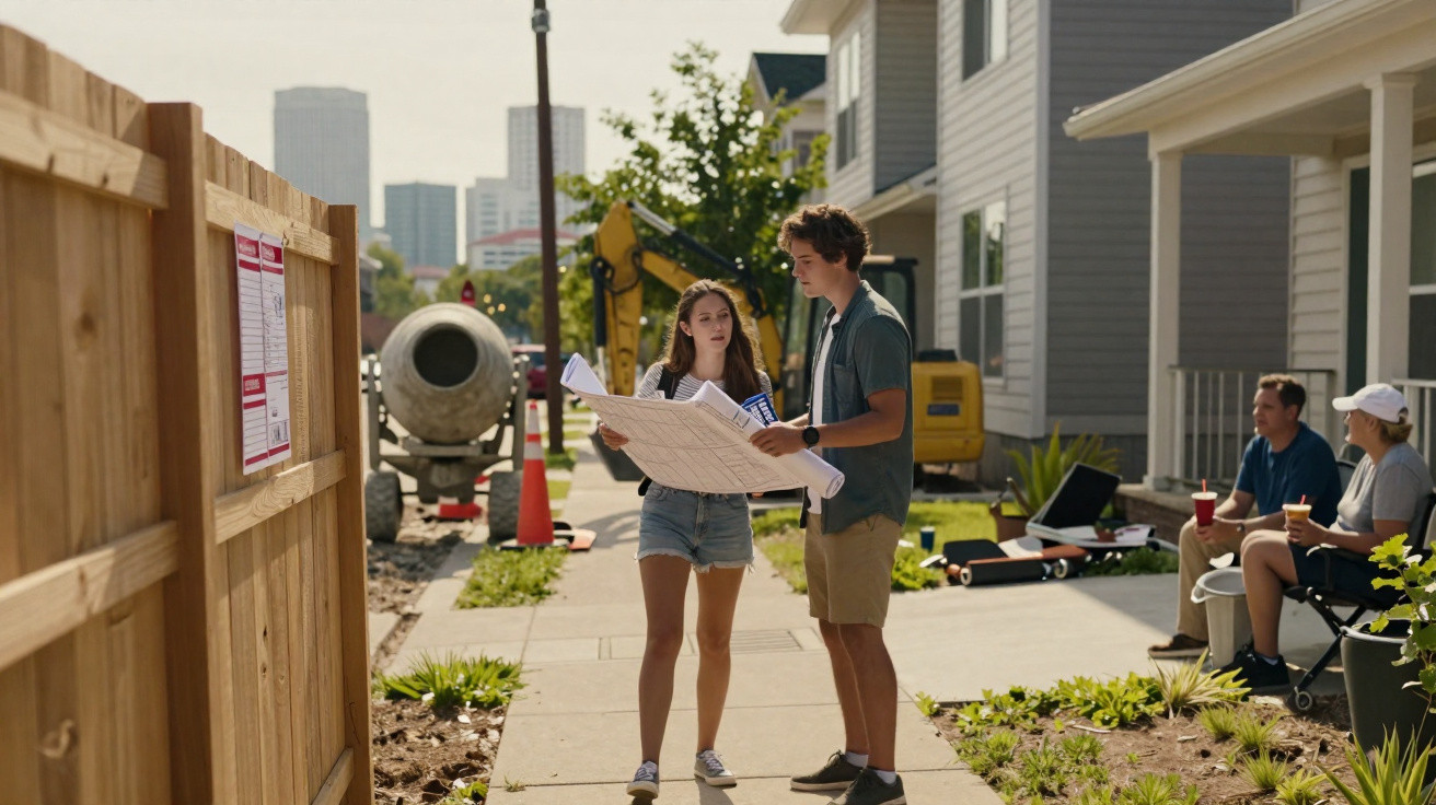 Two young adults reviewing blueprints on a sidewalk near a residential construction site.