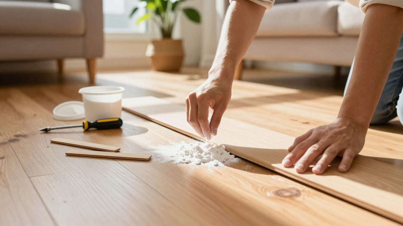 Person applying white powder to wooden floorboards during home repair or installation in a sunlit living room.