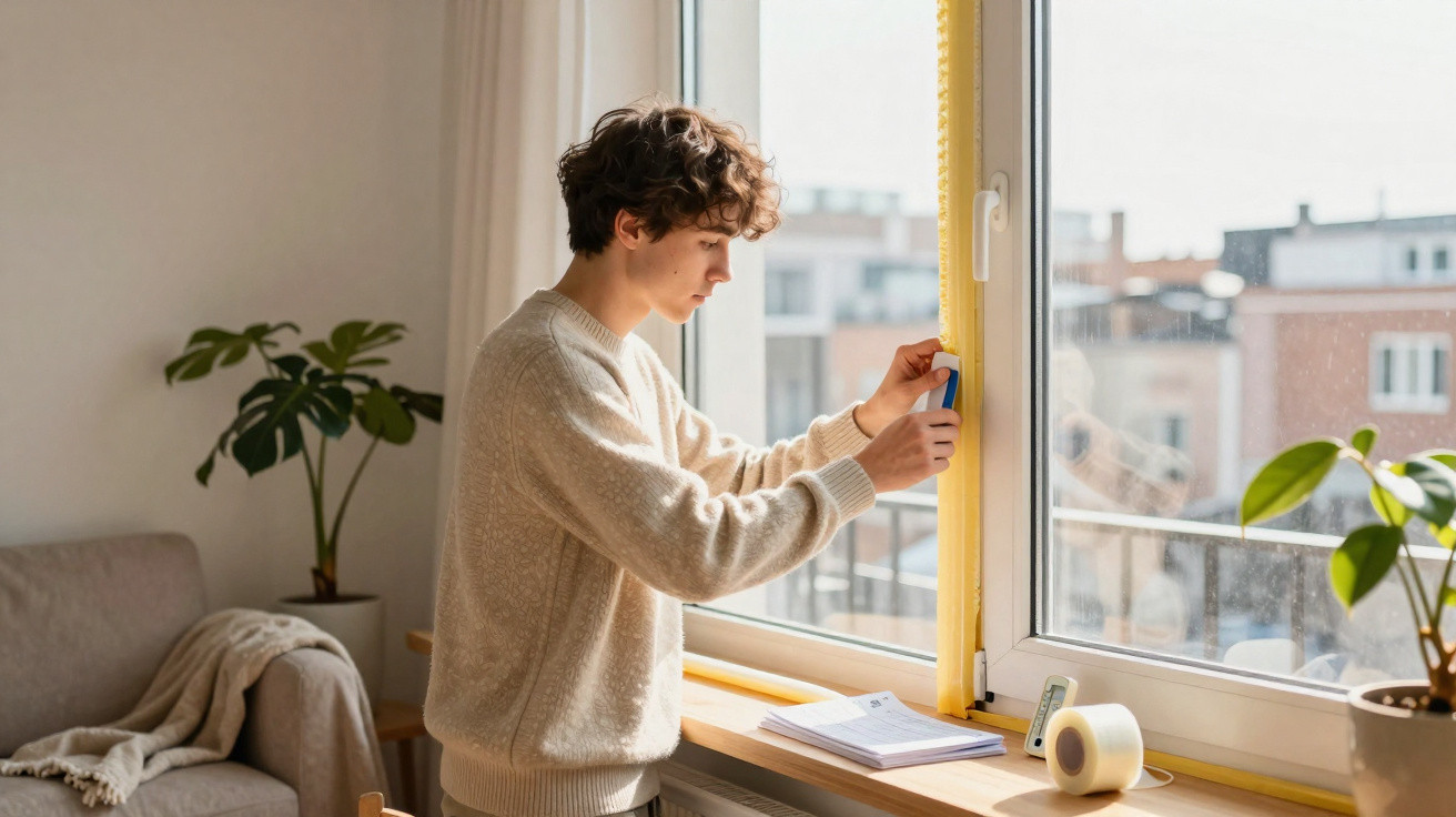 Young person applying yellow painter's tape around a large window inside a bright room.