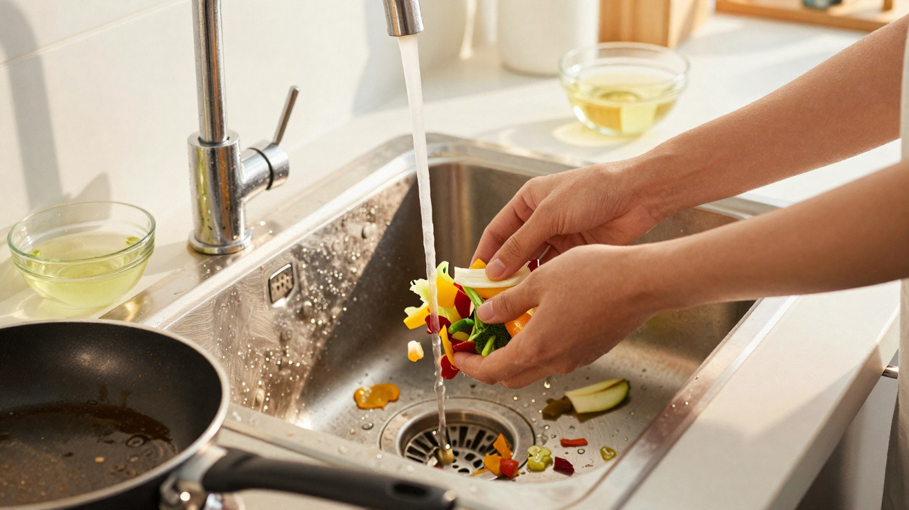 Hands scraping vegetable scraps into a kitchen sink with running water and a frying pan nearby.