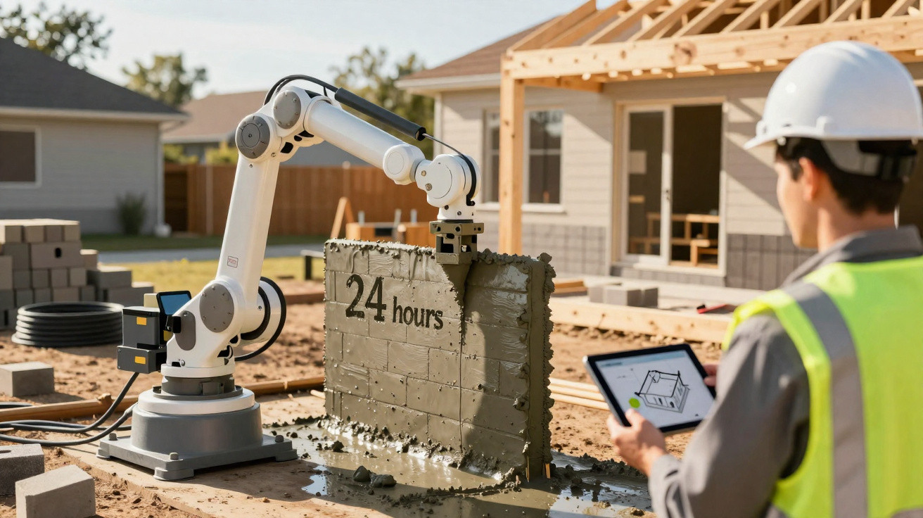 Construction site with robotic arm building a concrete wall while an engineer monitors on a tablet.