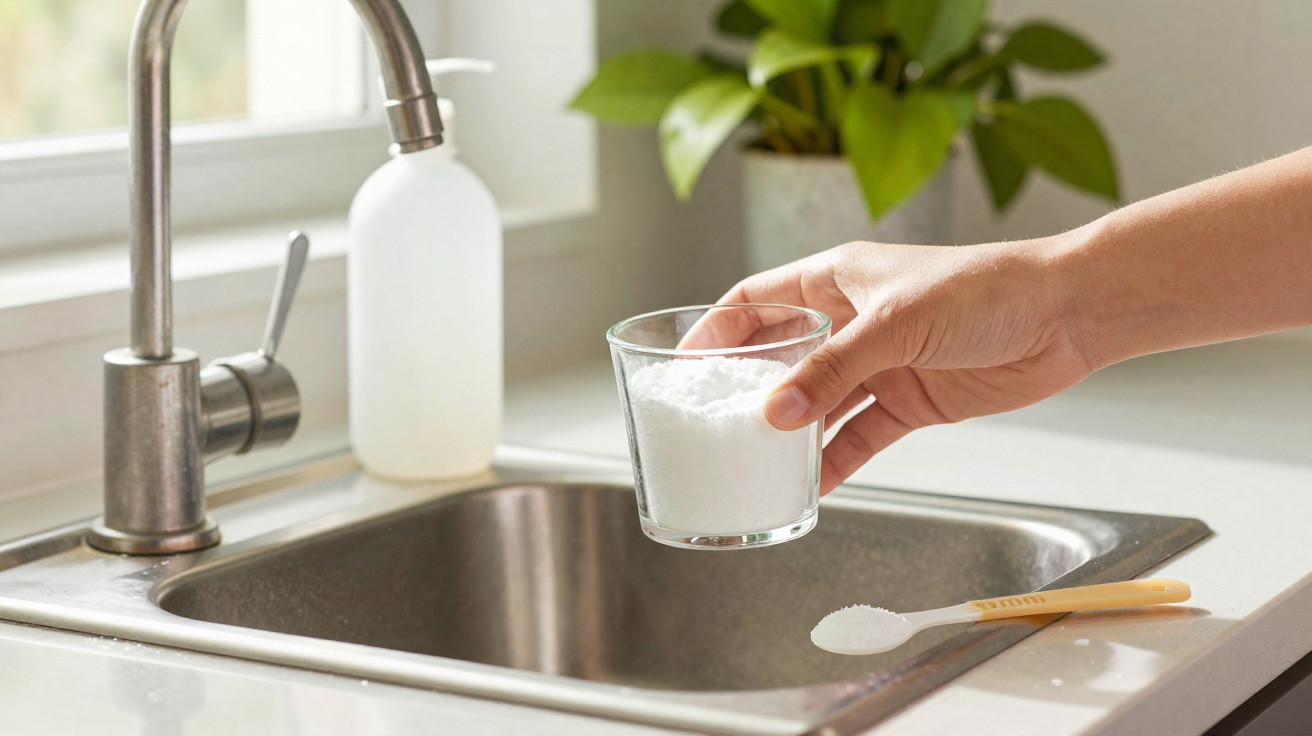 Hand holding a glass filled with white powder over a kitchen sink with a spoon of powder nearby.
