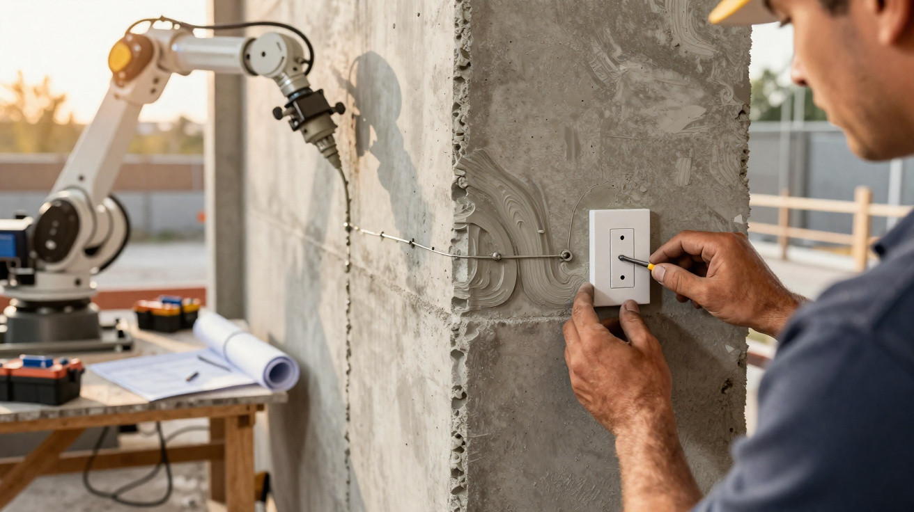 Engineer installing a small device on a concrete wall using a screwdriver with robotic arm testing in the background.