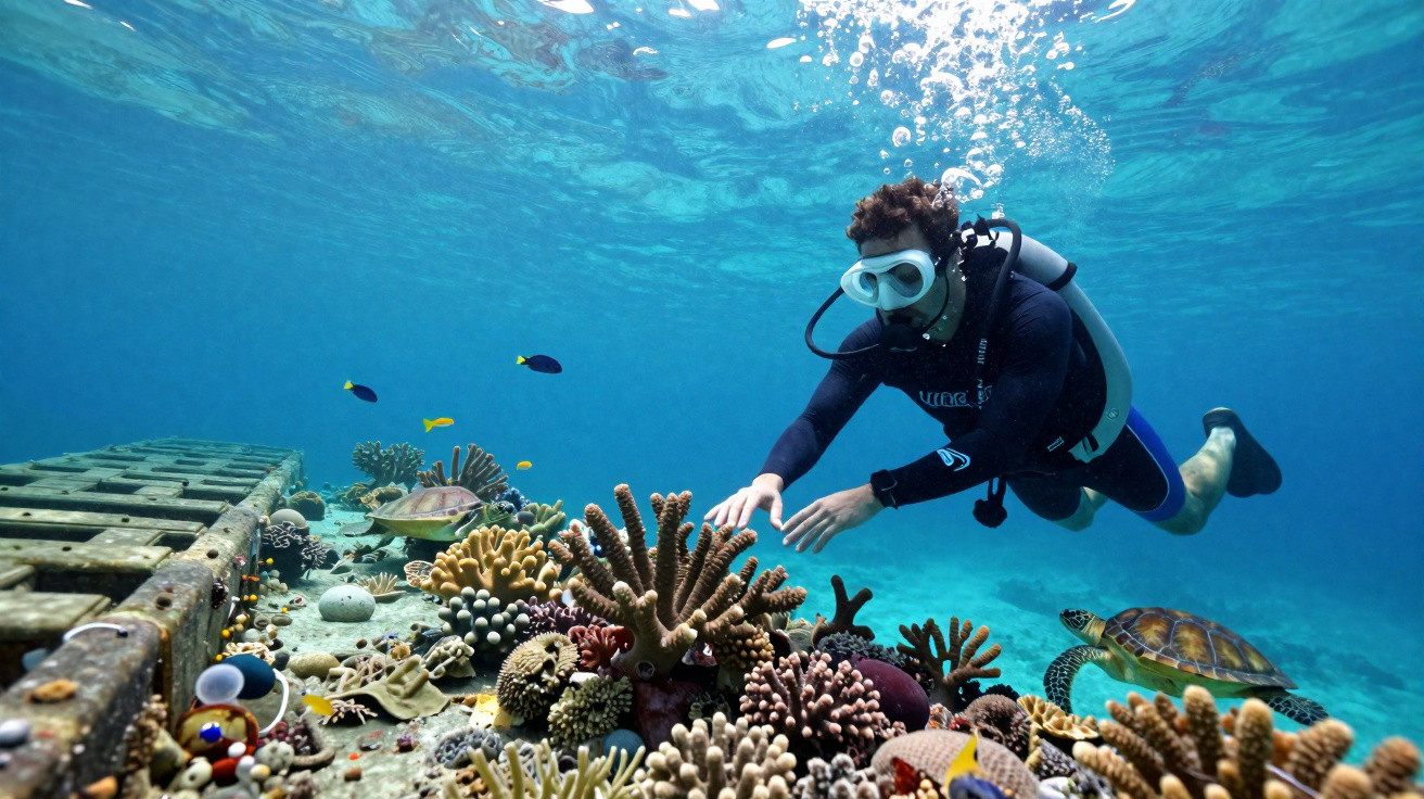 Scuba diver exploring a vibrant coral reef with tropical fish and a sea turtle underwater.
