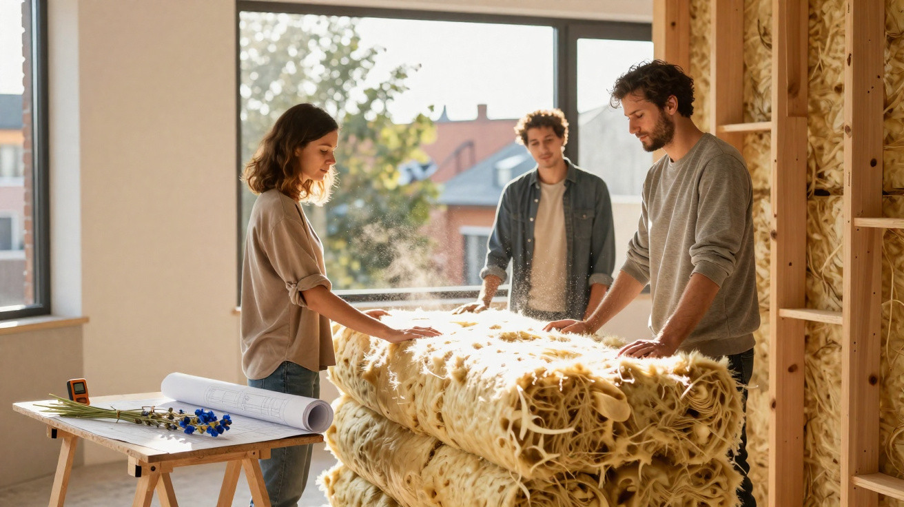 Three people inspecting insulation material in a sunlit room under construction with blueprints on a nearby table.