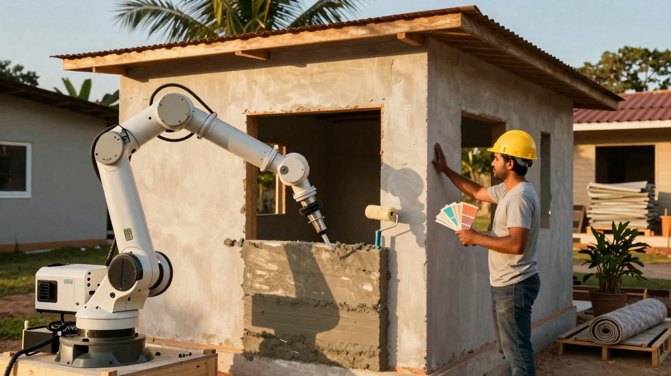 Construction worker with colour swatches observes robotic arm plastering small building wall outdoors.