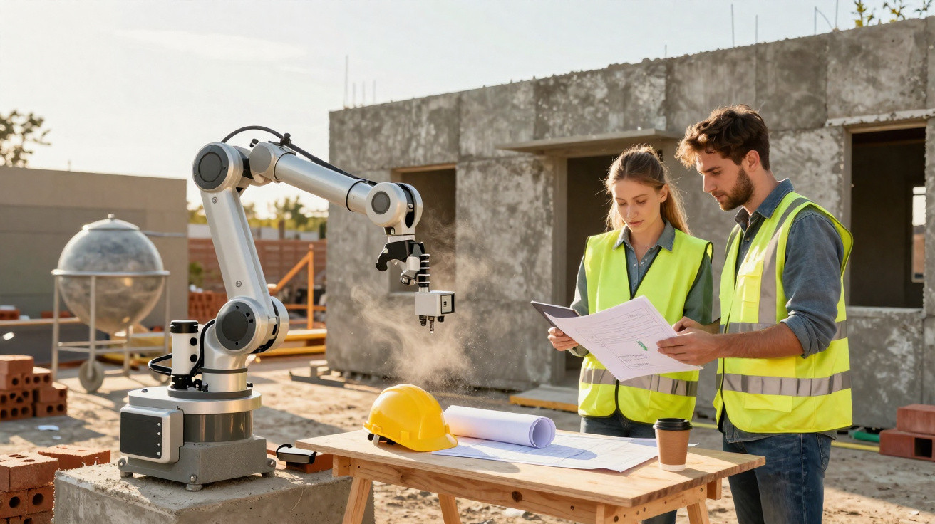 Two construction workers in high-visibility vests reviewing plans next to a robotic arm at a building site.