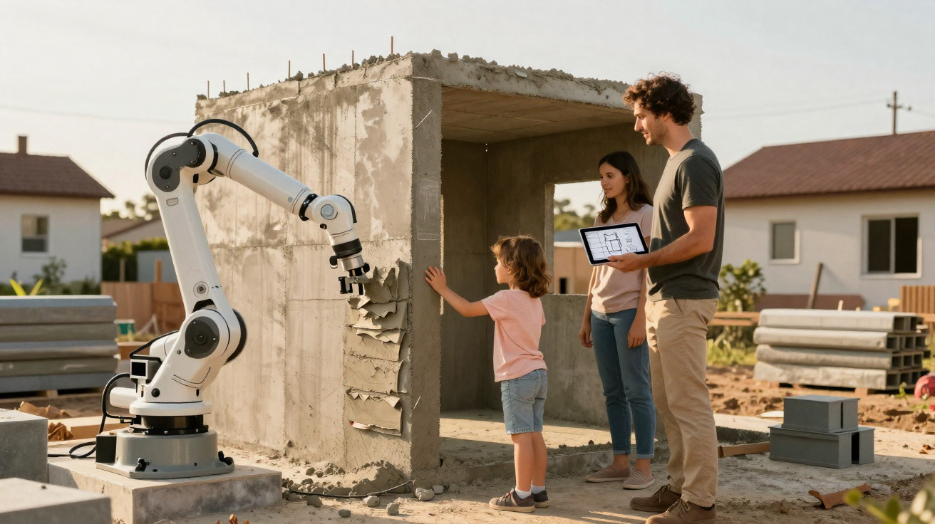 Family observing a robotic arm constructing a small concrete structure at a building site.