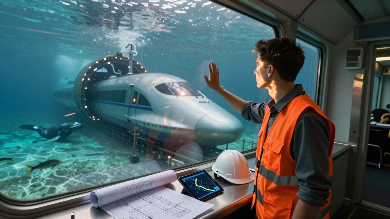 Engineer in orange vest observing a high-speed train submerged underwater through a glass panel.