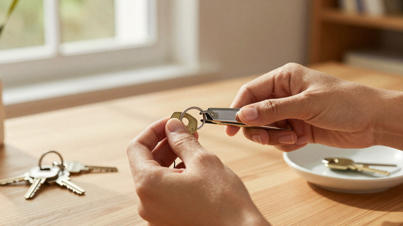Close-up of hands using a key organizer to hold multiple keys on a wooden table near a window.