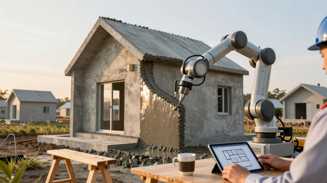 Industrial robot arm 3D printing a concrete house wall while a person reviews blueprints on a tablet.