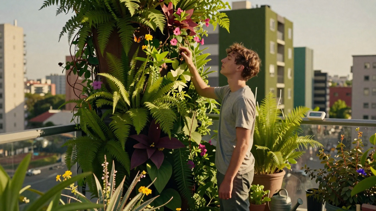Young man tending to plants on a balcony with city buildings in the background during daylight.