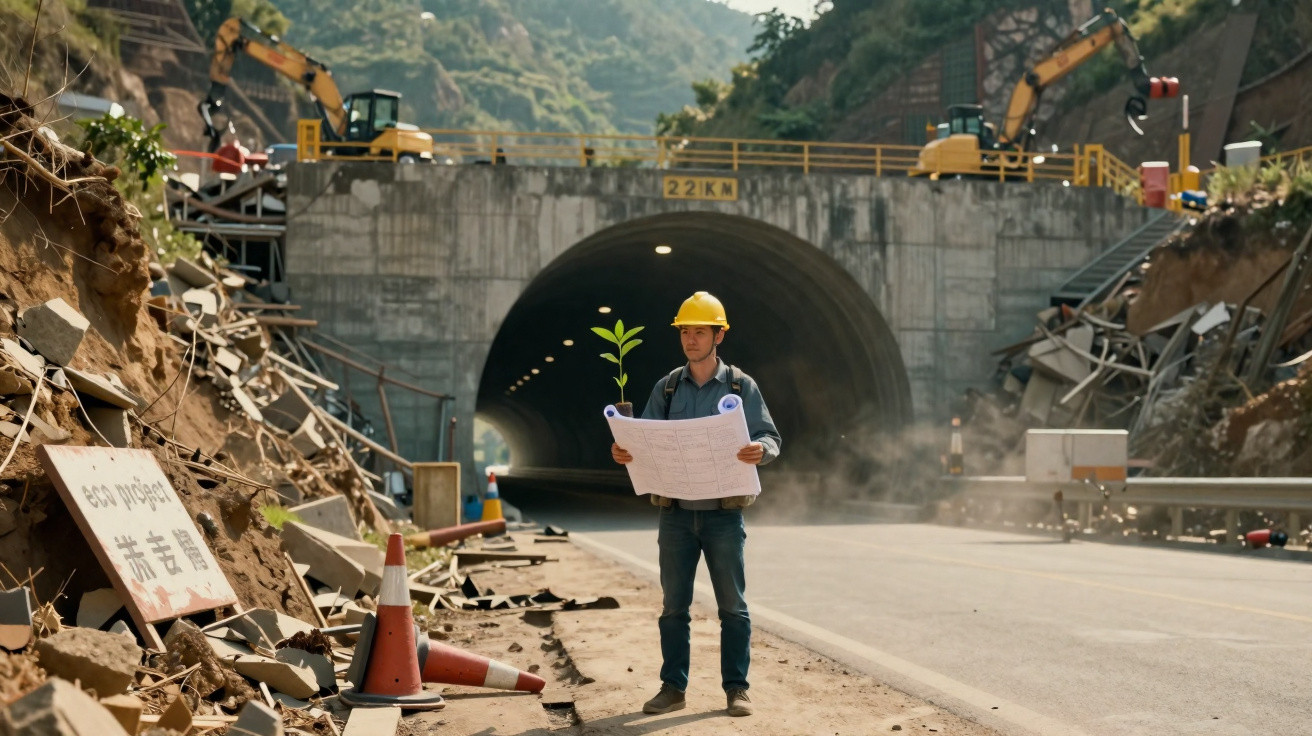 Construction worker with a plant and blueprints standing near a tunnel under construction in a mountainous area.
