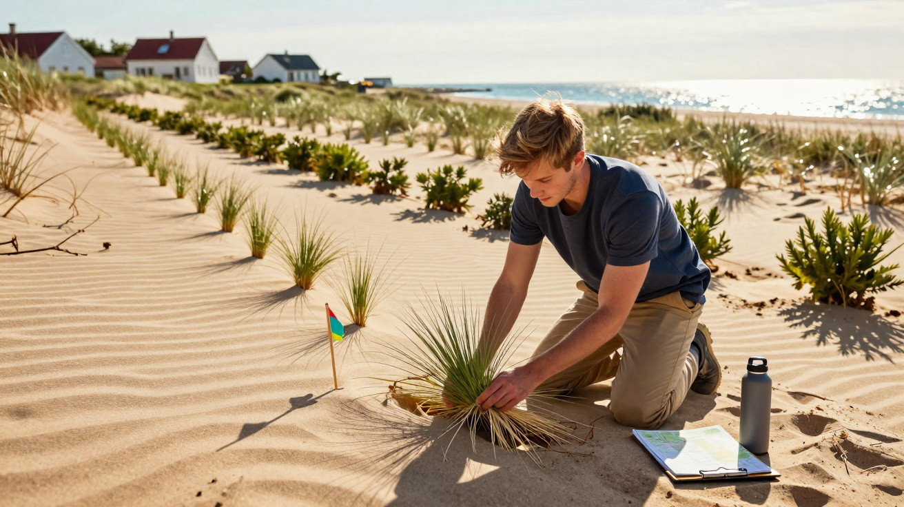 Young man planting dune grass on sandy beach near small houses under bright sunlight
