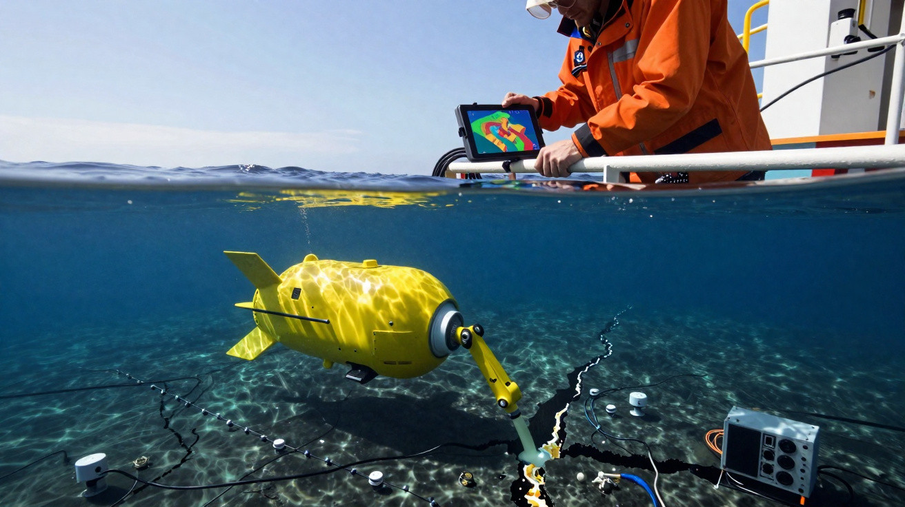 Yellow underwater drone inspecting seabed cracks while operator controls tablet from boat above water.