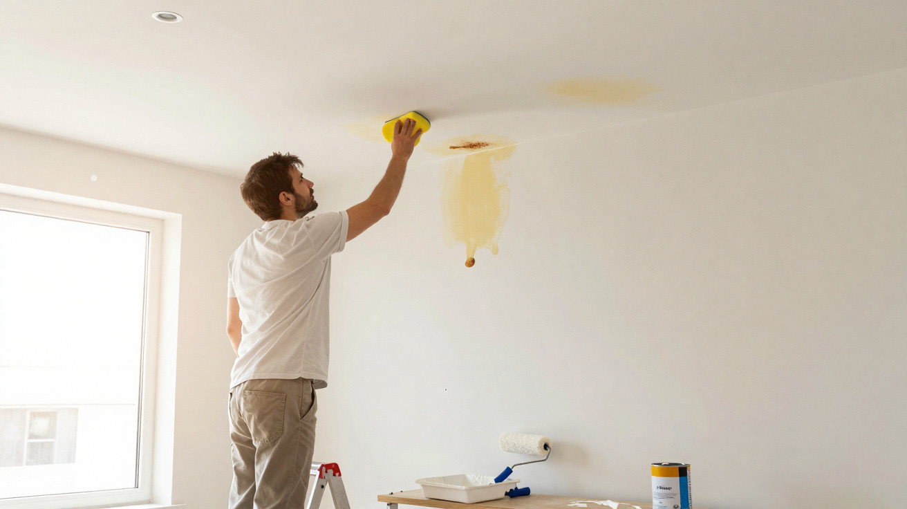 Man repairing a water-stained ceiling patch with sanding sponge in a bright, unfurnished room.