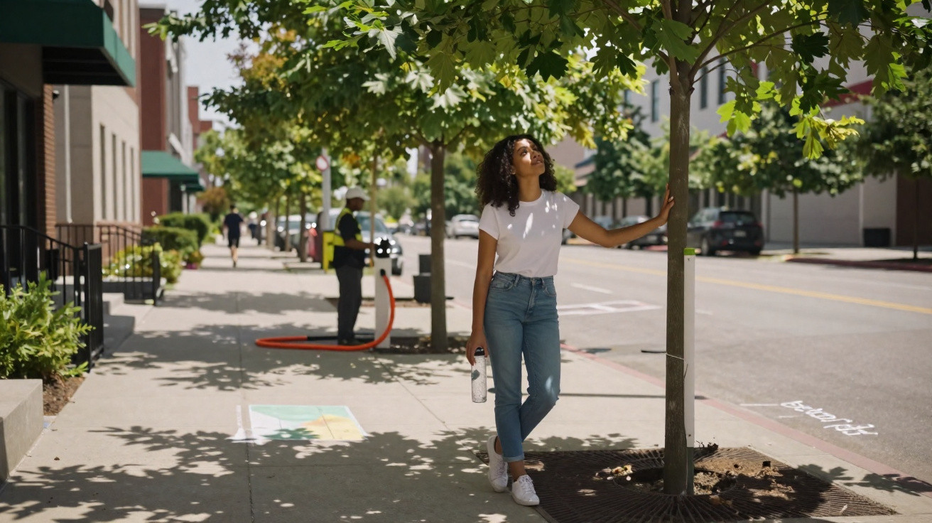 Young woman in white t-shirt and jeans touching a tree while walking on a sunny city sidewalk.