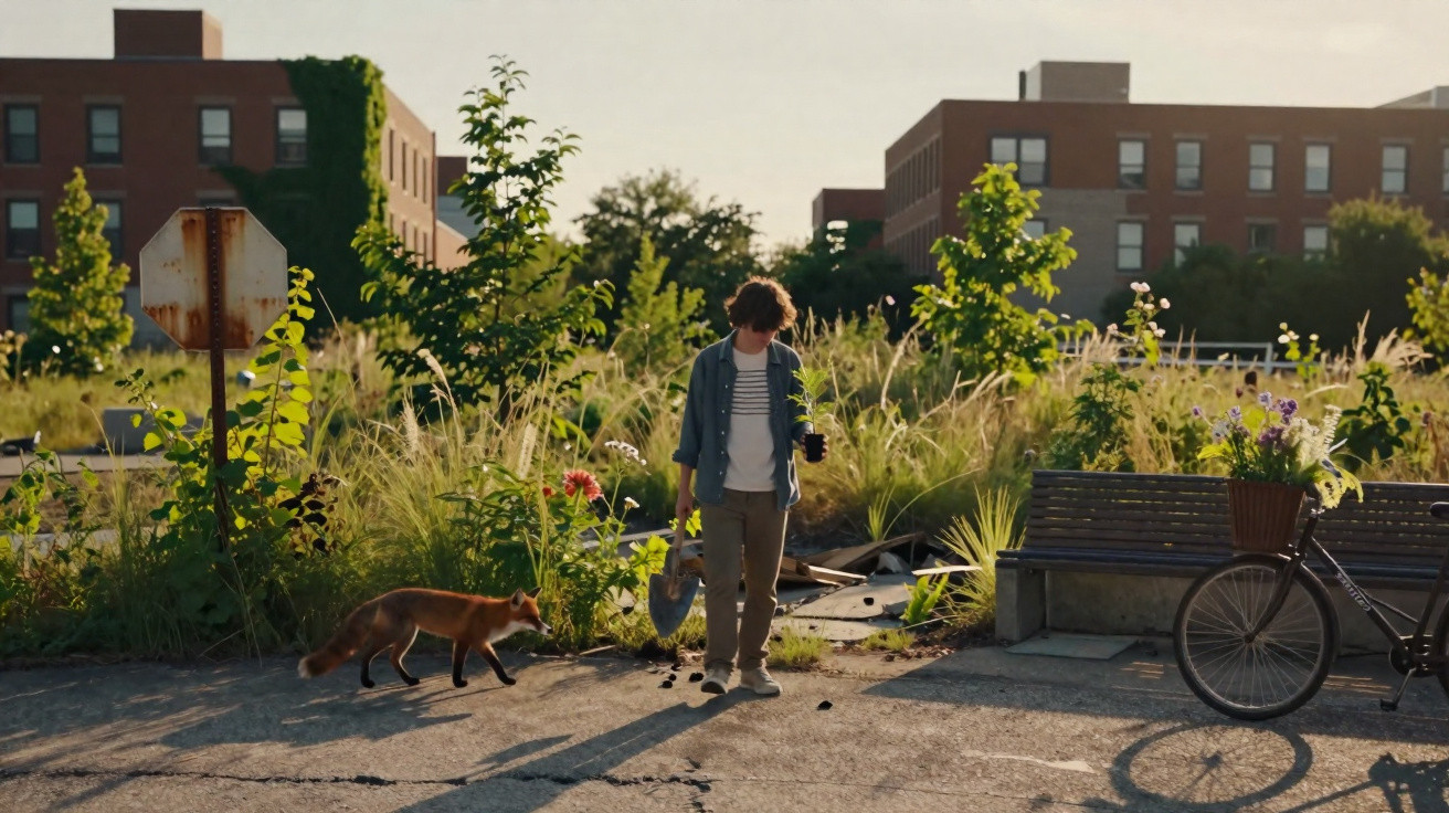 Person walking with a fox on a sunny urban street near plants, bench, and a bicycle in the background.