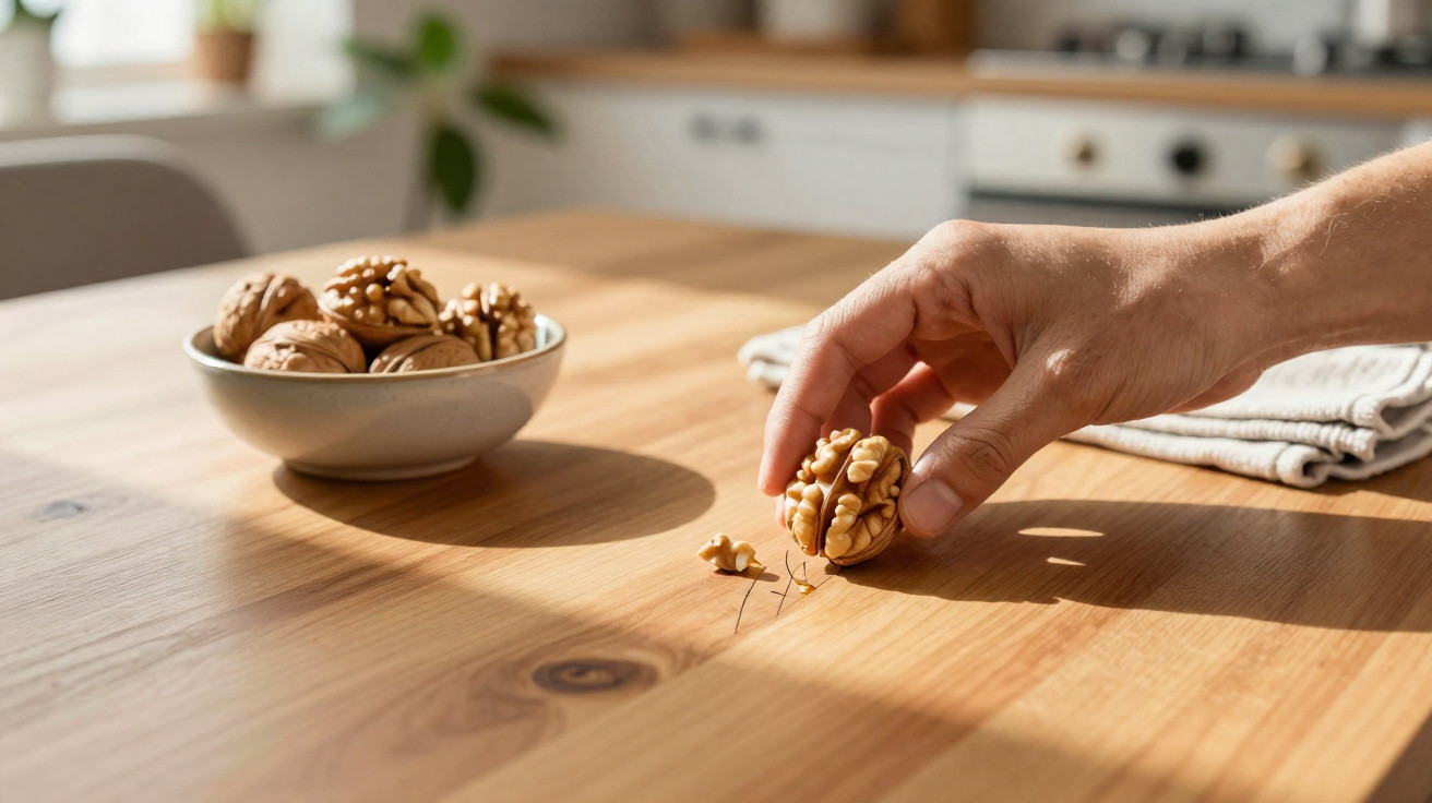 Hand picking a walnut half from a wooden table with a bowl of walnuts in the background.