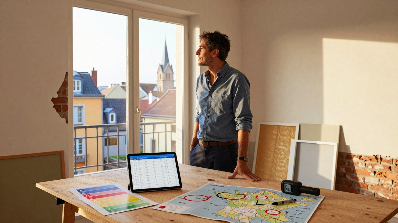 Man in casual shirt standing by a table with maps and tablet, looking out a window in a sunlit room.
