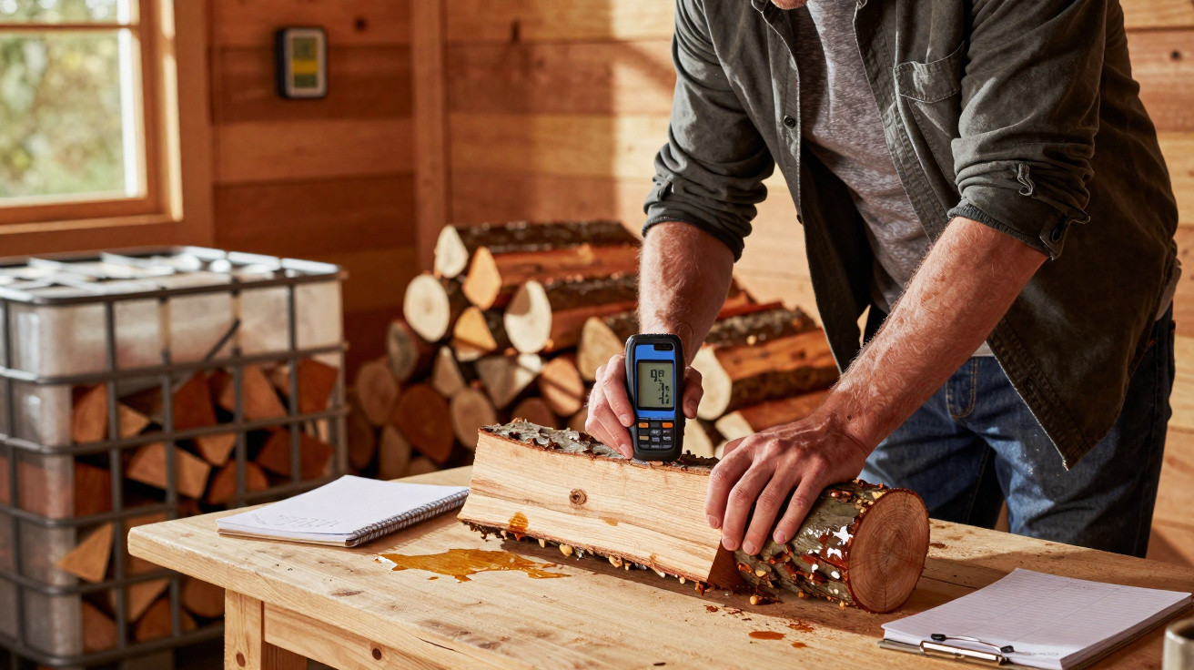 Person using a moisture meter to check a log on a wooden table in a wood workshop with stacked logs in the background.