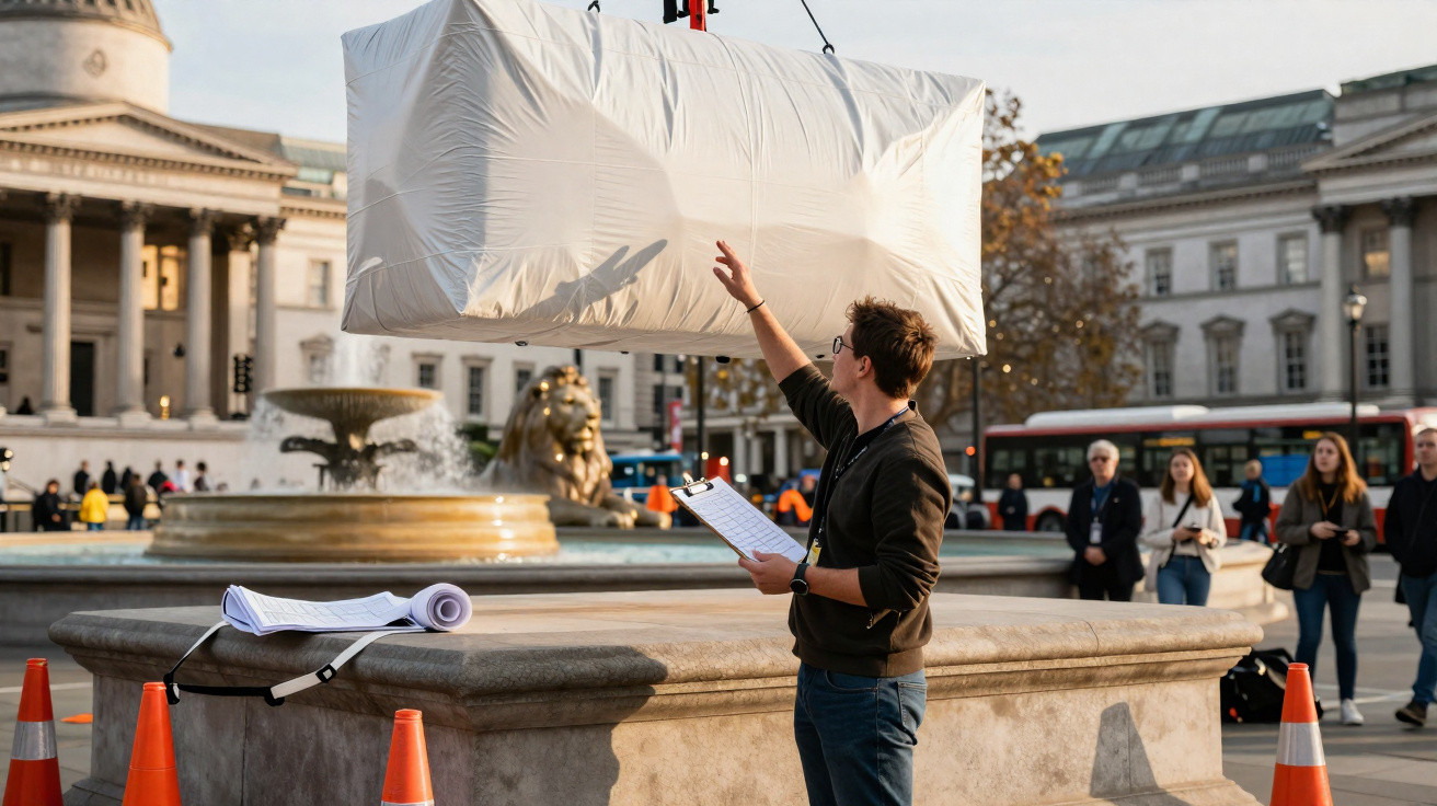 Man guiding a large suspended white padded object above a stone fountain in a busy urban square.
