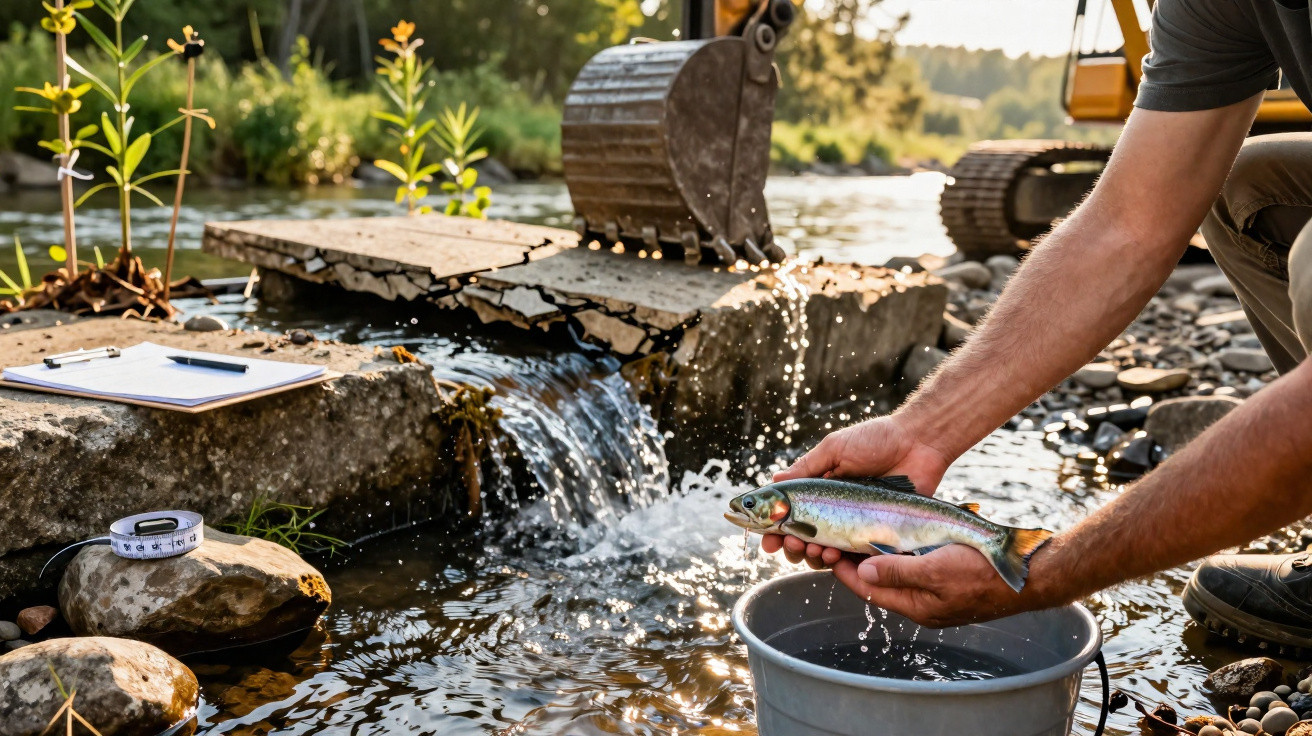 Person holding a fish near a bucket by a small waterfall with construction machinery in the background.