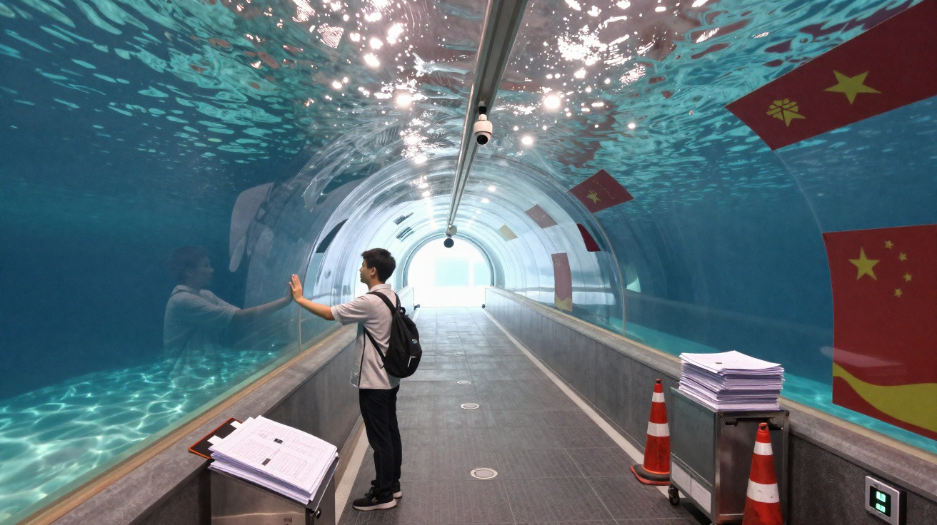 Man touching glass inside an underwater tunnel with Chinese flags and traffic cones visible.