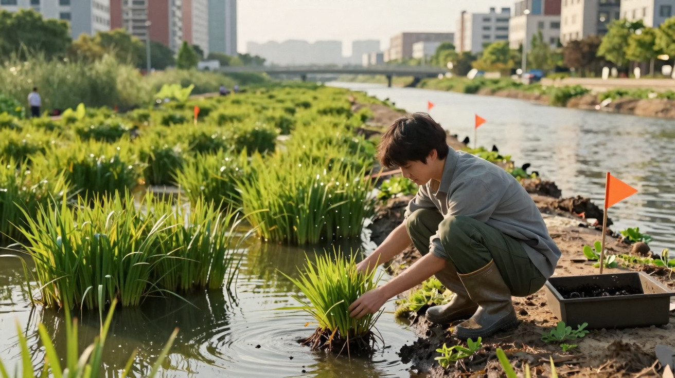 Person planting aquatic plants in a waterway amid urban buildings with orange flags marking the area.