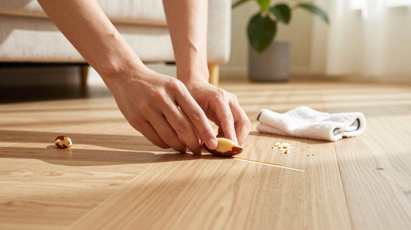 Person inserting wooden toothpick into a nut on a wooden floor with a cloth nearby