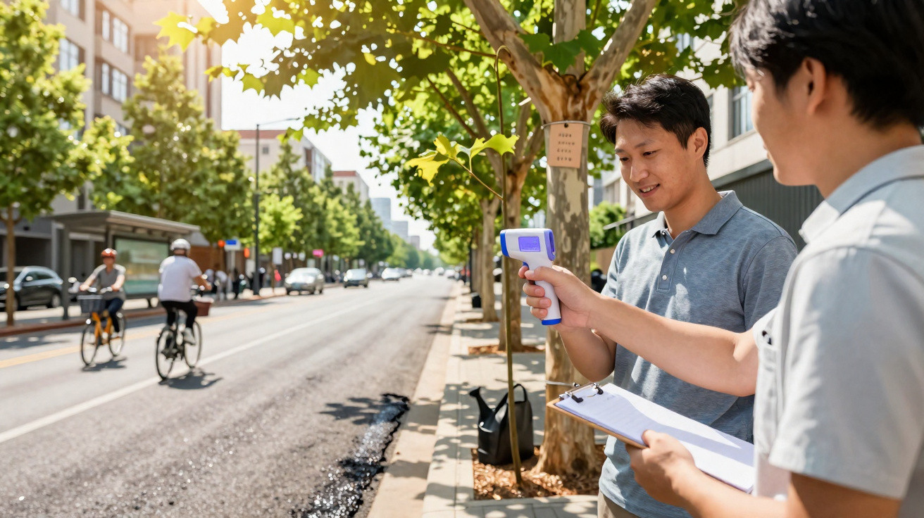 Two men on a city pavement using a handheld digital device while cyclists ride on a sunny street.