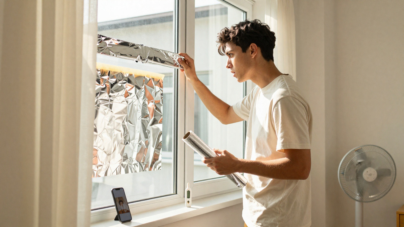 Young man taping aluminium foil to a window, standing in a sunlit room with a fan and smartphone on the windowsill.