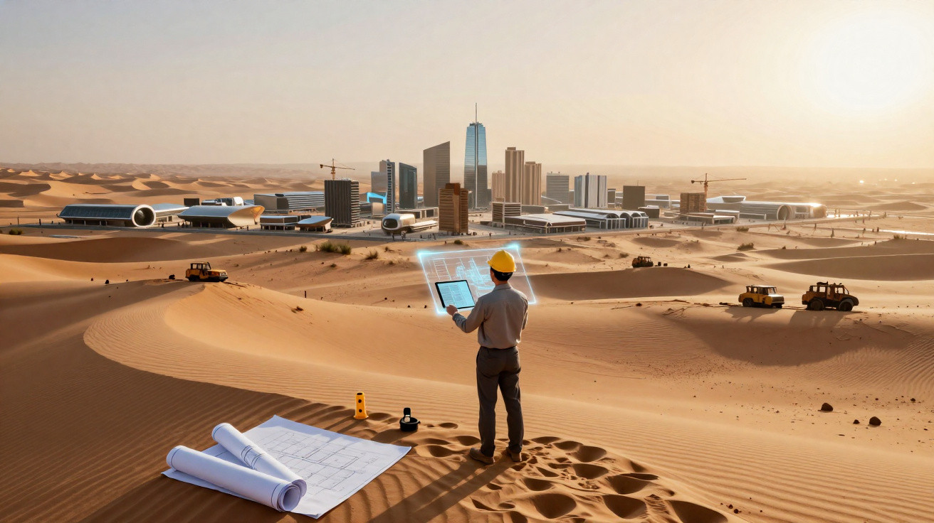 Engineer in a hard hat using a digital tablet to plan a futuristic city in a desert with skyscrapers and construction vehicle